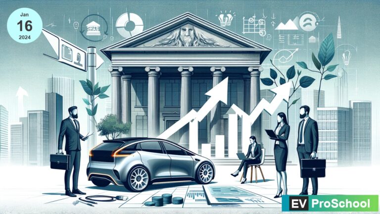 A feature image showcasing an electric vehicle company in the process of issuing shares, with financial advisors and an institutional bank in the background, symbolizing support and guidance.