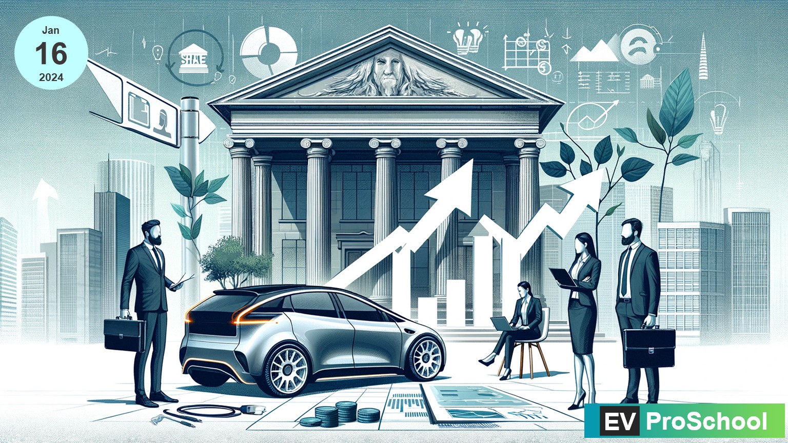 A feature image showcasing an electric vehicle company in the process of issuing shares, with financial advisors and an institutional bank in the background, symbolizing support and guidance.