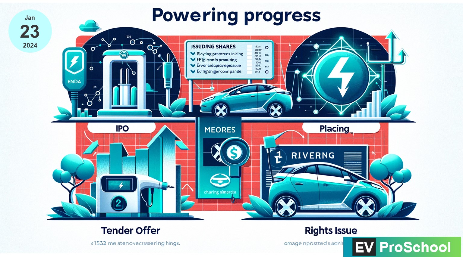 An image representing the methods of issuing new shares for EV charging companies, with the themes of IPO, Tender Offer, Placing, and Rights Issue depicted alongside EV charging stations.