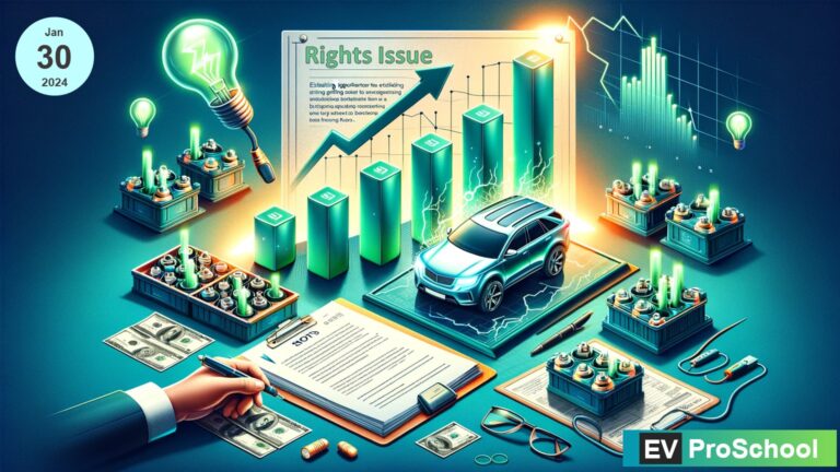 A dynamic representation of a rights issue in the electric vehicle battery business, showcasing EV batteries, stock certificates, and a growth chart.