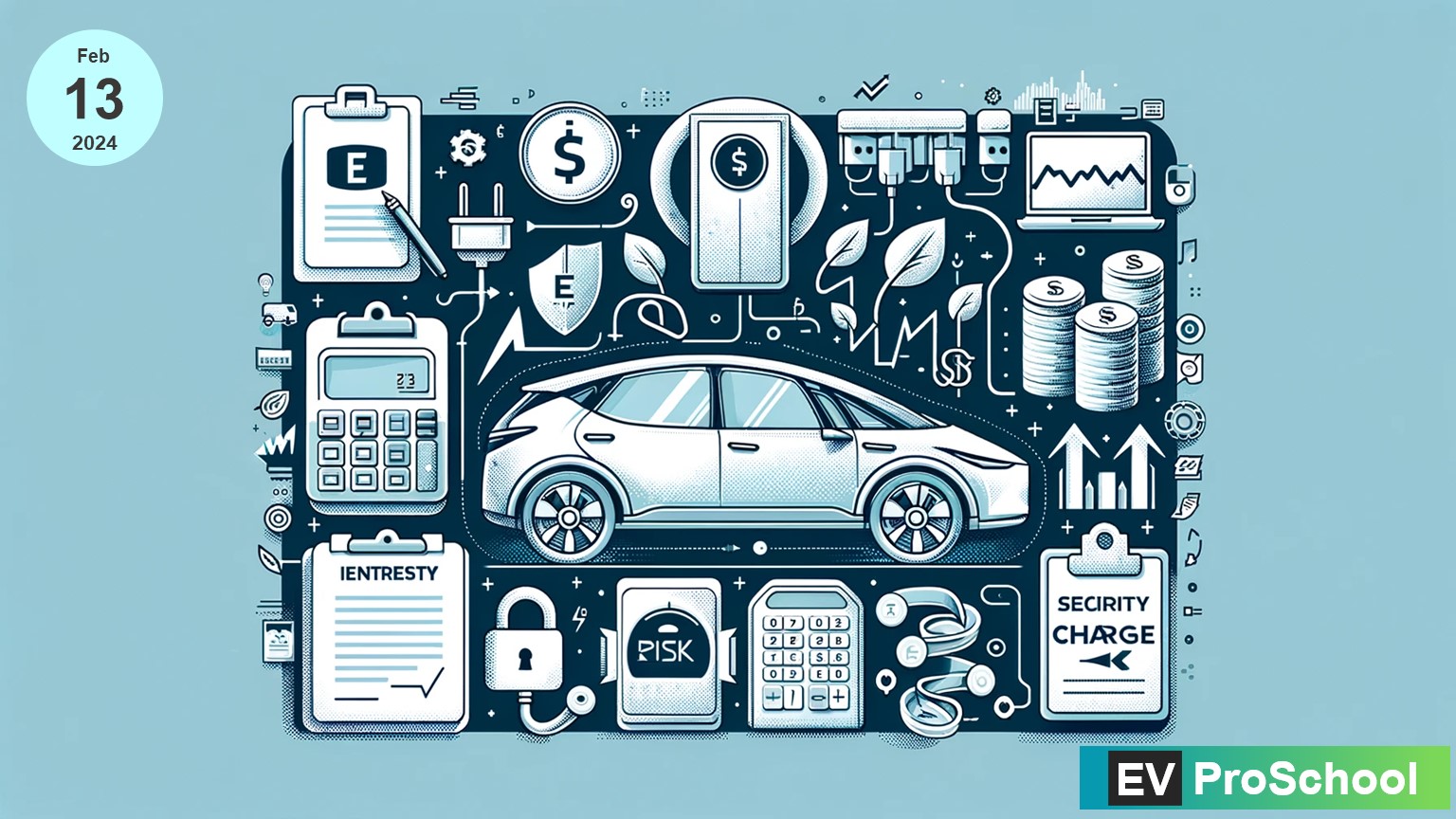 An image encapsulating the concept of long-term debt finance in the EV sector, highlighting key aspects like interest payments, risk, security charges, and covenants against a backdrop of electric vehicles and financial symbols.