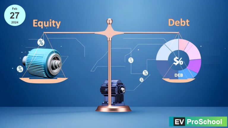 The concept of cost of capital in the EV eDrive business, depicting the balance between equity and debt financing against a backdrop of electric vehicle innovation