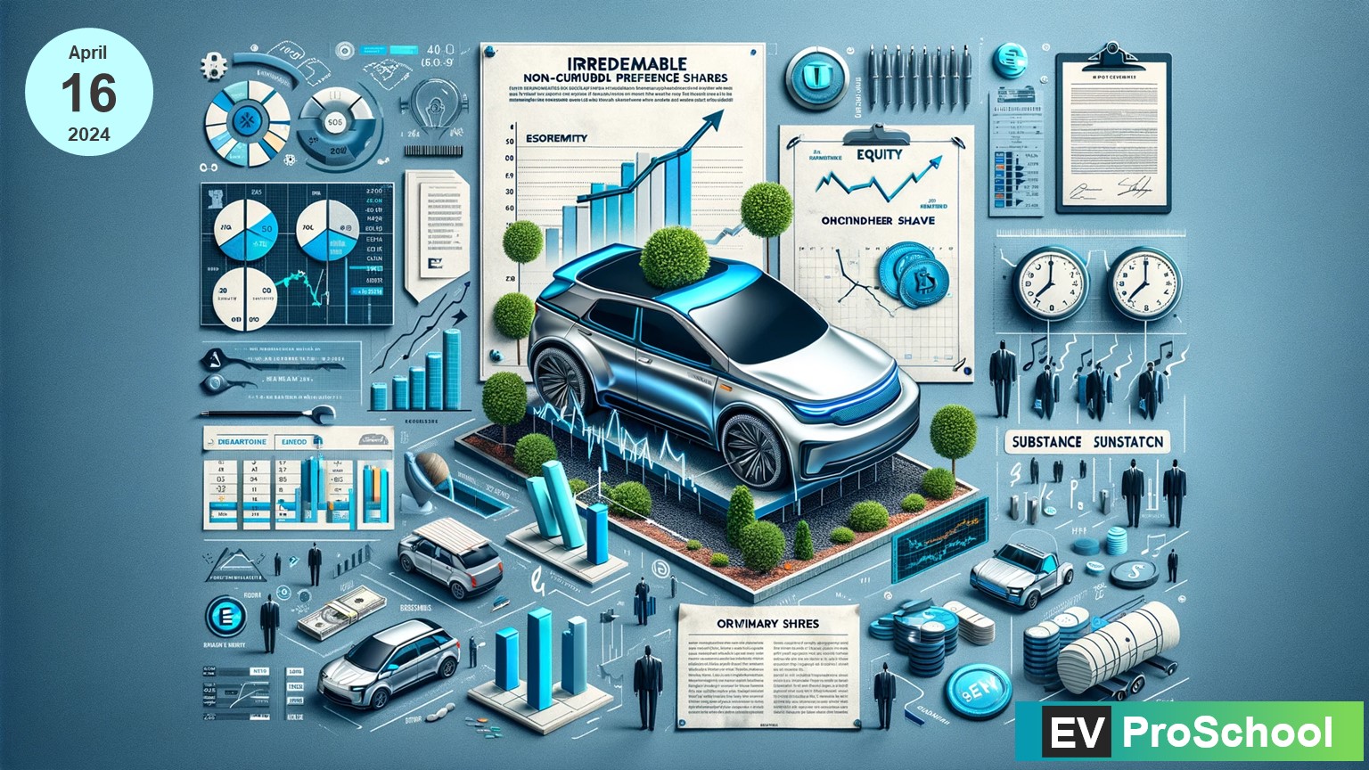 A comprehensive visual layout displaying the contrast between debt and equity financing in the electric vehicle industry, featuring elements like bank symbols, bond certificates, stock shares, and electric cars.