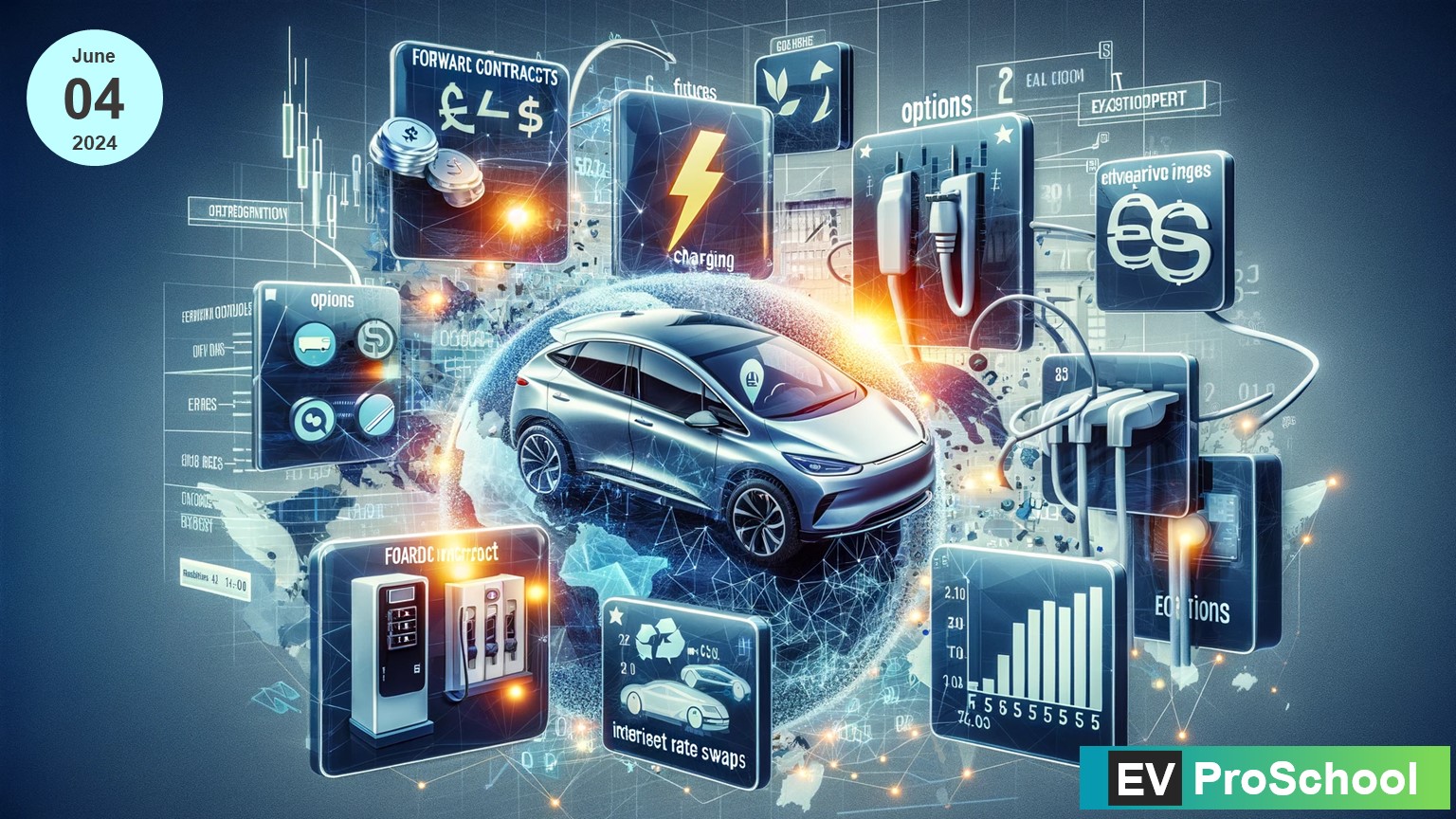 An abstract representation of financial instruments with visual elements from the electric vehicle industry, including electric cars, charging stations, battery icons, and financial charts