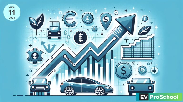 A graph with upward trend lines alongside symbols of electric vehicles and stock representations, highlighting the acronyms 'EPS' and 'P/E'.