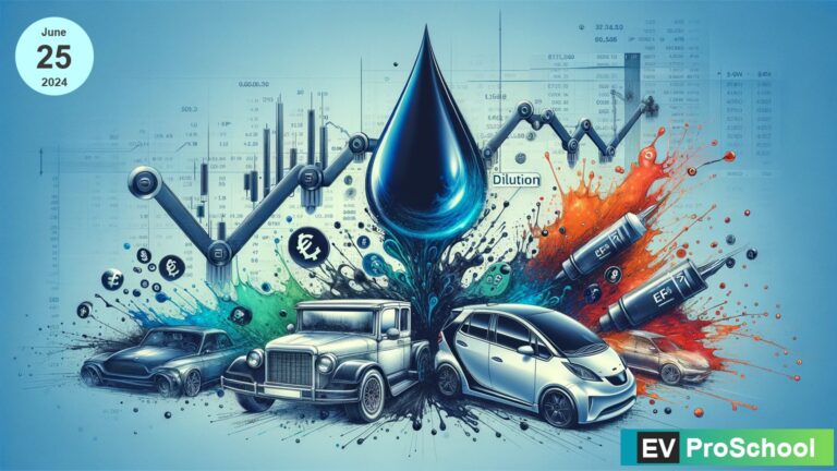 An artistic representation of diluted earnings per share in the EV sector, featuring electric vehicles and financial imagery with a dispersing ink drop symbolizing share dilution