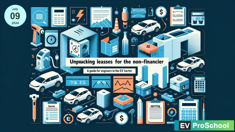 A conceptual image merging the electric vehicle industry with financial lease agreements, highlighting the differences between finance and operating leases through symbols like electric cars, charging stations, and financial charts