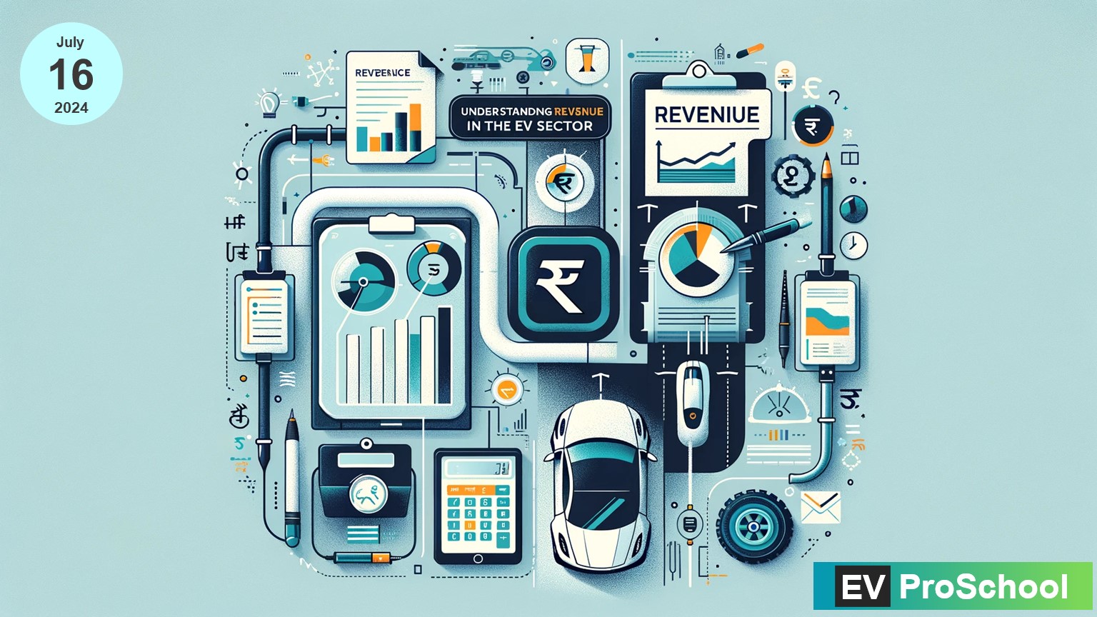 An engaging visual representation combining electric vehicles, financial documents, and the Indian rupee symbol, illustrating the concept of revenue in the EV sector