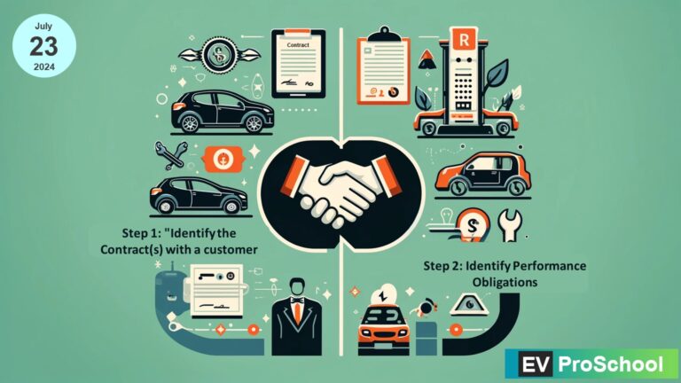 Split-view image showcasing contract agreement and performance obligations in the EV industry, with icons representing handshake, EV sales, maintenance, and charging services