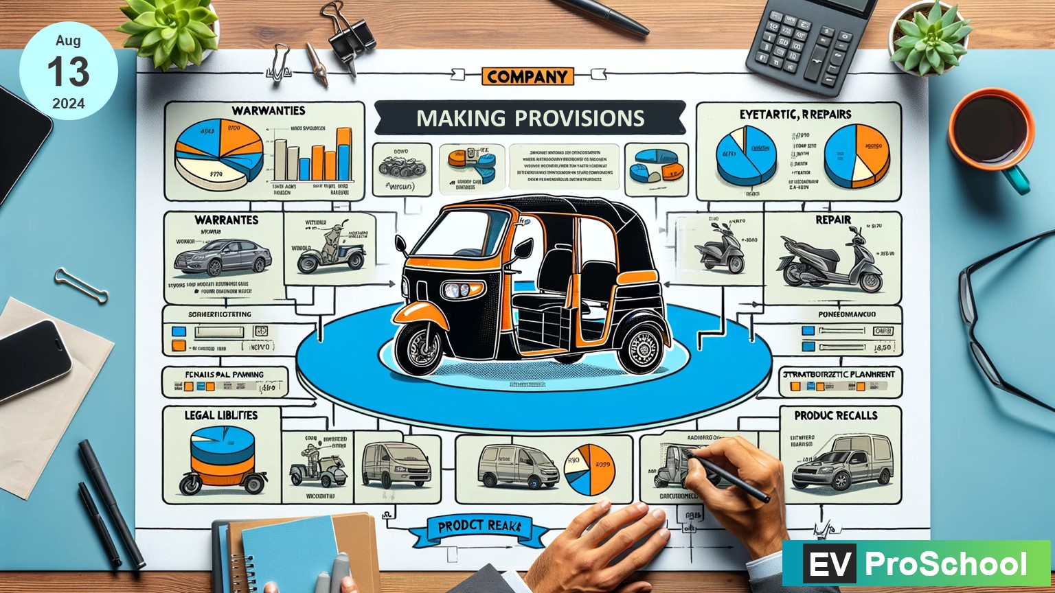 Business canvas illustrating financial provisions in the EV 3-wheeler auto-rickshaw sector with charts and an auto-rickshaw image