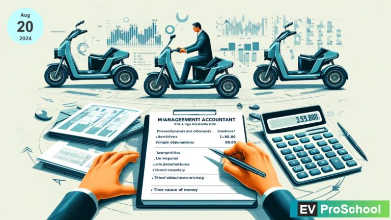 An accountant meticulously calculates financial provisions for an EV three-wheeler business, showcasing the interplay between strategic planning and the future of sustainable transportation in India