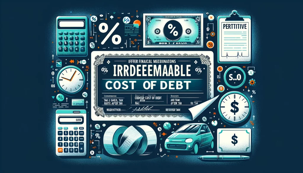 he image showcases the concept of irredeemable bonds' cost of debt, emphasizing the role of the tax shield in lowering the effective rate, all within the context of long-term financing in the EV industry