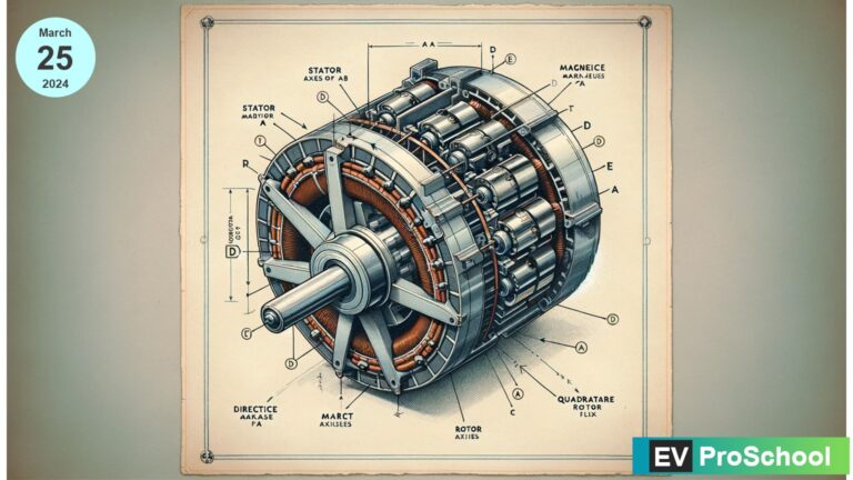 A detailed 2D technical drawing of an electric motor's internal structure highlighting magnetic axes and rotor flux, presented on paper for educational purposes.