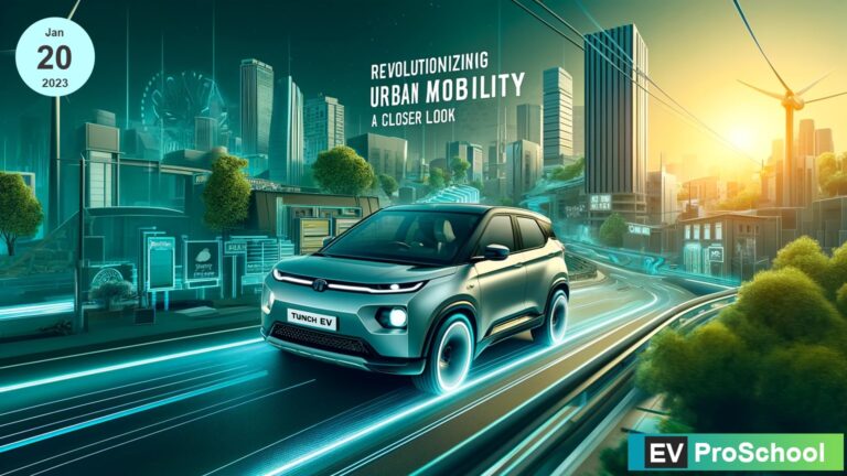 Futuristic electric SUV driving on a city road, showcasing the Tata Punch EV's innovation and sustainability against a backdrop of green energy and urban infrastructure