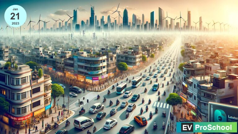 A vibrant illustration showcasing India's transition towards electric vehicles (EVs), with a mix of electric cars, bikes, scooters, autos, and buses against a backdrop of a greener, cleaner cityscape, highlighted by renewable energy sources