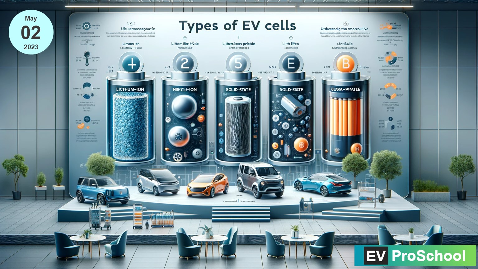 Illustration of different EV cell types including Lithium-Ion, Nickel-Metal Hydride, Solid-State, Lithium Iron Phosphate, and Ultra-Capacitors, highlighting their unique properties