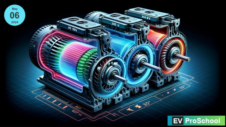 Illustration of electric vehicle motor evolution with increasing voltage levels, highlighting key design changes against an Indian landmark backdrop