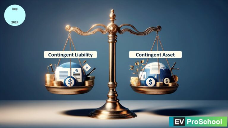 Scales of business justice balanced with contingent liabilities on one side and contingent assets on the other, symbolizing financial prudence.