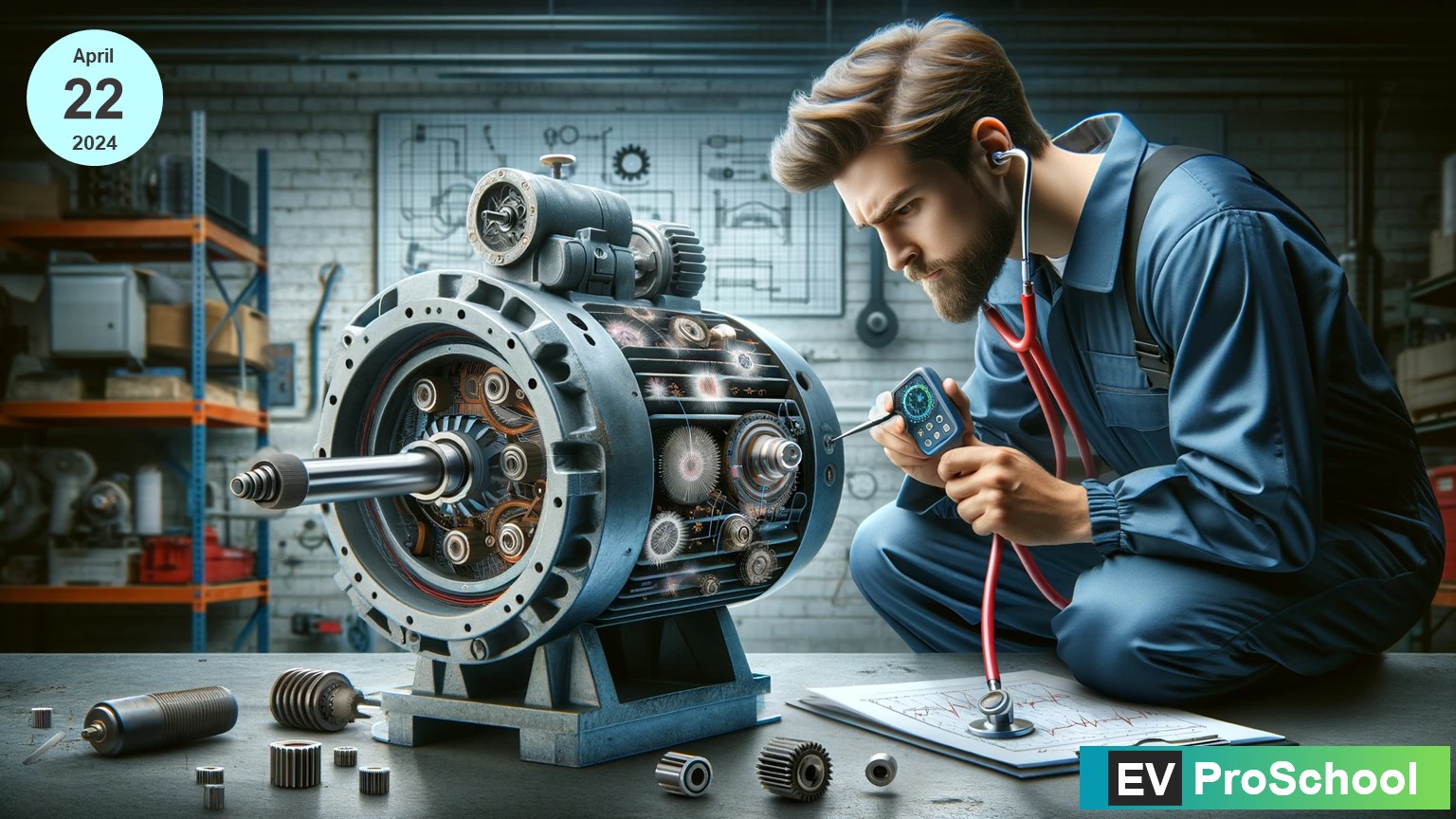 A technician intently investigates the source of mechanical noise in an electric motor using diagnostic tools in a well-equipped workshop.