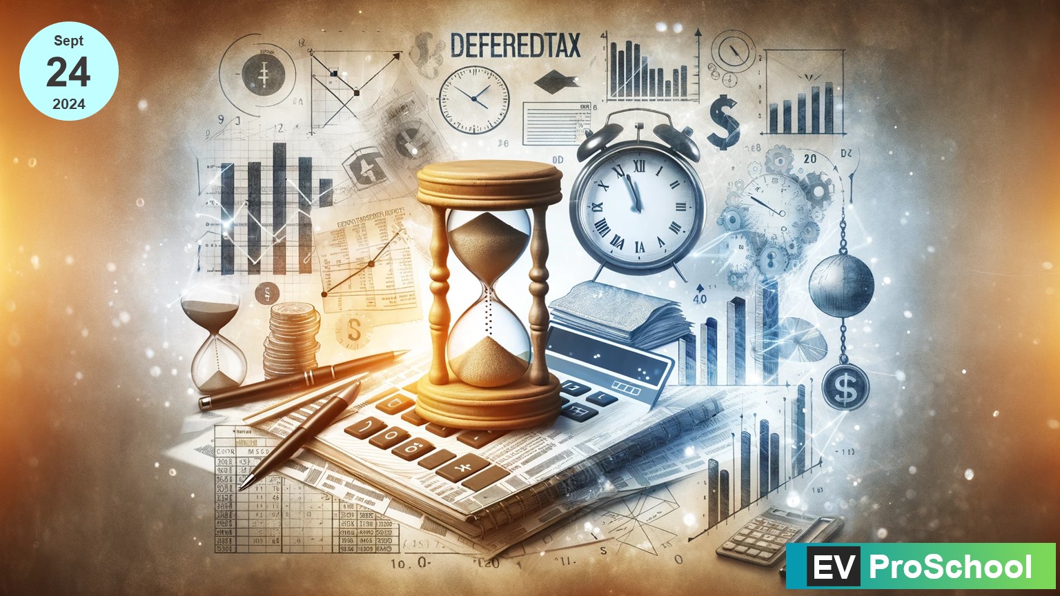 Abstract representation of deferred tax concept, featuring financial documents, a clock, and an hourglass, illustrating the postponement of taxes to future periods.