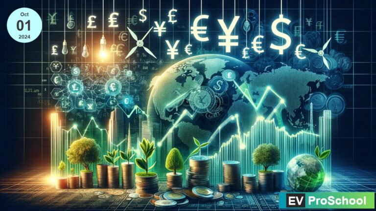 Financial-themed image blending the effects of foreign currency rate changes with the Green Revolution, showcasing currency symbols, exchange rate graphs, global landmarks, and eco-friendly icons