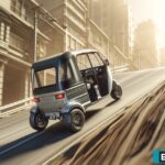 An electric Auto Rickshaw stopped on a steep urban hill, demonstrating the hill hold feature.