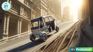 An electric Auto Rickshaw stopped on a steep urban hill, demonstrating the hill hold feature.