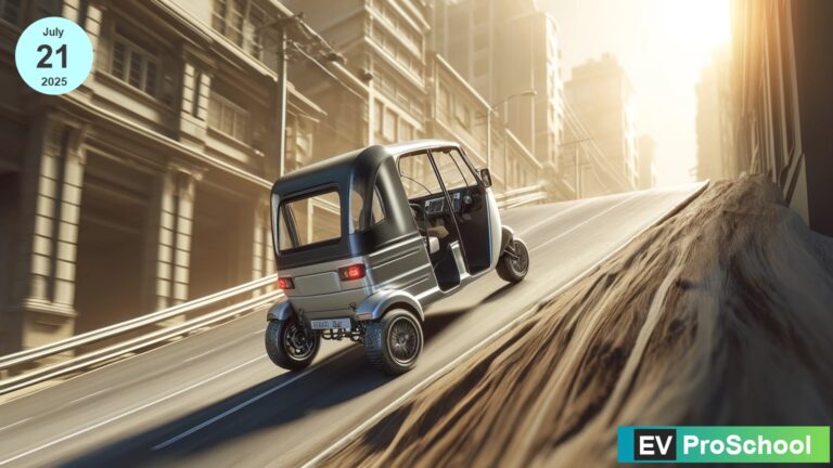 An electric Auto Rickshaw stopped on a steep urban hill, demonstrating the hill hold feature.