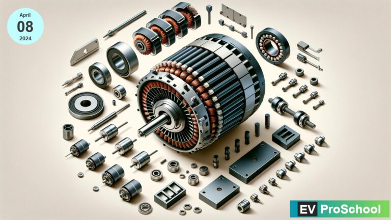 An exploded view image of an electric motor, displaying disassembled components such as the rotor, stator, and bearings, illustrating the motor's internal structure