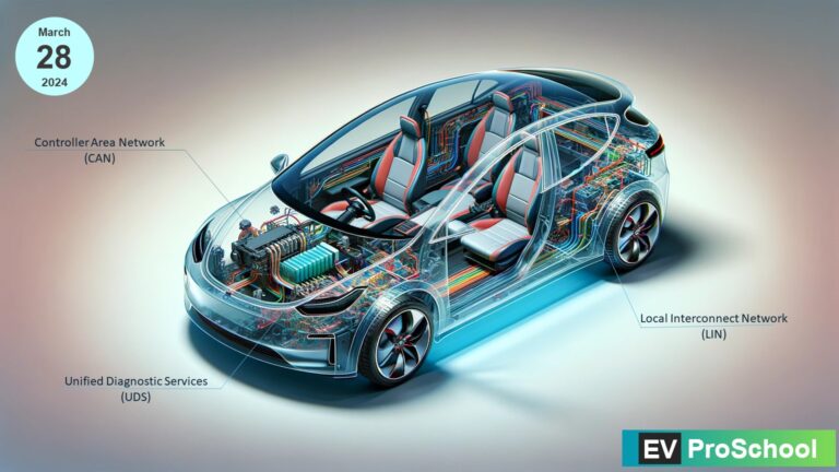 Graphic illustration highlighting the three primary automotive communication protocols: CAN, LIN, and UDS, with symbolic connections and network interfaces.