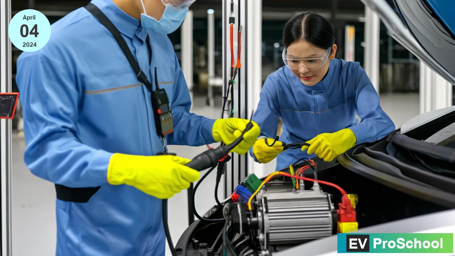 Two engineers in a high-tech EV workshop are meticulously working on an electric motor and MCU. The male engineer is analyzing motor power output while the female engineer connects the Motor Control Units