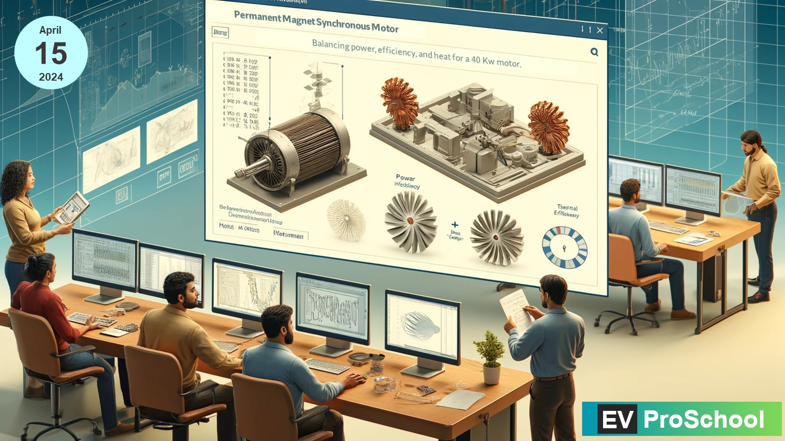 An image showing engineers working on electromagnetic designs for PMSM motors, focusing on optimizing power, efficiency, and thermal management.