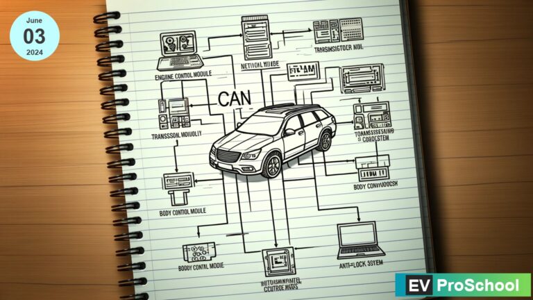 Illustration showing the ABCD of Controller Area Network (CAN) in Electric Vehicles. Caption: Learn the ABCD of Controller Area Network (CAN) in Electric Vehicles with EV Pro School.