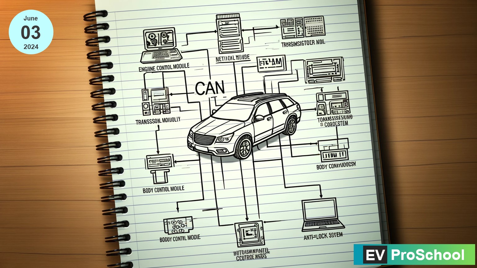 Illustration showing the ABCD of Controller Area Network (CAN) in Electric Vehicles. Caption: Learn the ABCD of Controller Area Network (CAN) in Electric Vehicles with EV Pro School.