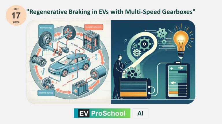 An electric vehicle's regenerative braking system with a multi-speed gearbox showing how energy is recovered during deceleration and sent back to the battery.