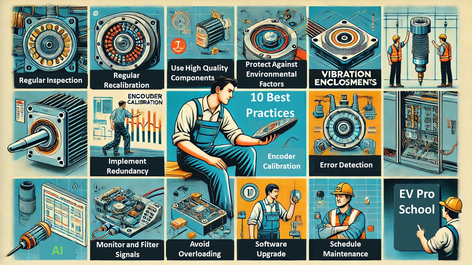 A collage-style image showcasing 10 best practices for maintaining encoder calibration in IPM motors, including technical measures like signal monitoring, vibration dampers, and software updates, with an EV Pro School banner for branding