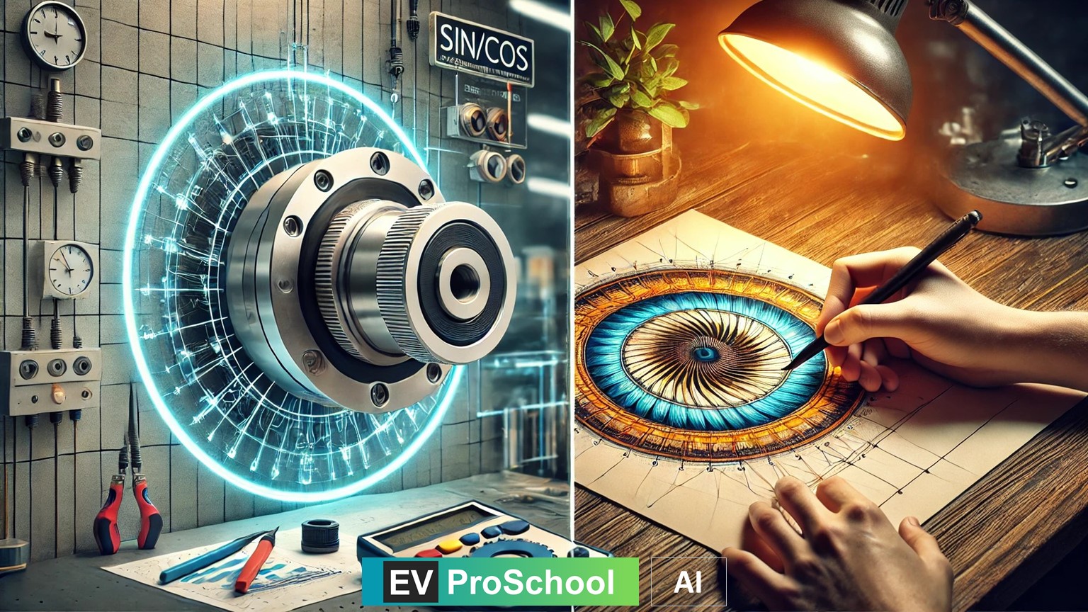 Split-view image showing the calibration of a sin/cos encoder on one side and an artist drawing a perfect circle on the other, representing technical precision and cultural harmony