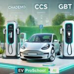 An electric vehicle parked at a futuristic charging station showcasing CHAdeMO, CCS, and GBT charging standards with eco-friendly surroundings.