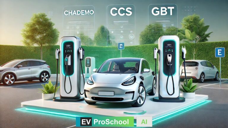 An electric vehicle parked at a futuristic charging station showcasing CHAdeMO, CCS, and GBT charging standards with eco-friendly surroundings.