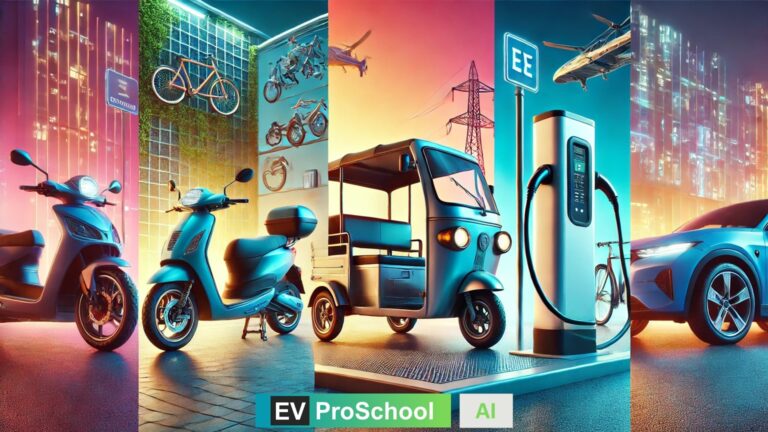 A split image with three columns showing an electric scooter (2-wheeler) charging at a small station, an electric rickshaw (3-wheeler) at a mid-sized charger, and an electric car (4-wheeler) connected to a fast charger.