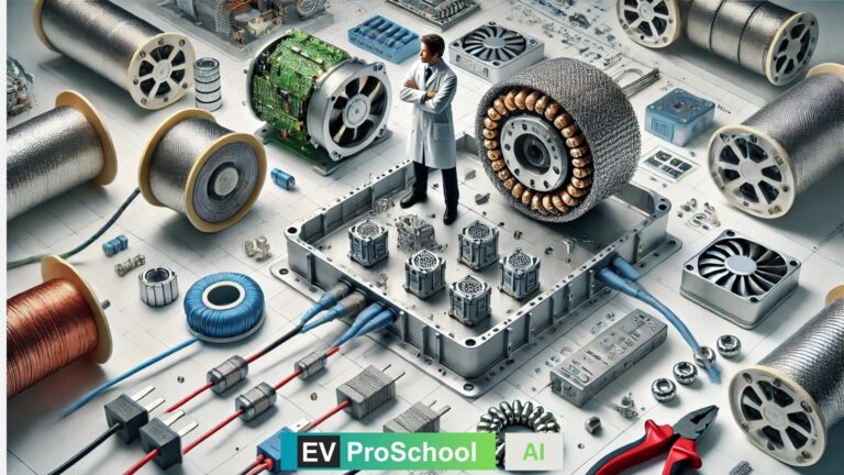 An image showing EMI shielding techniques for encoders in IPM motors, including shielded cables, a metallic enclosure, ferrite beads, and an engineer demonstrating proper grounding in an EV workshop environment."