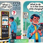 n illustration of a common man at a public EV charging station looking confused about the process, finding clarity through a helpful guide