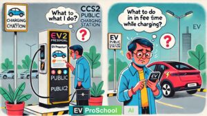 n illustration of a common man at a public EV charging station looking confused about the process, finding clarity through a helpful guide