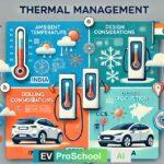 Four-quadrant illustration of thermal management in EV chargers, showing ambient temperature effects, design considerations, India's focus, and regional climate adaptations