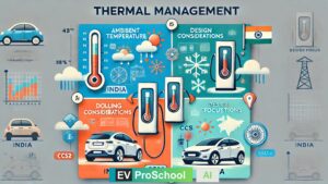 Four-quadrant illustration of thermal management in EV chargers, showing ambient temperature effects, design considerations, India's focus, and regional climate adaptations