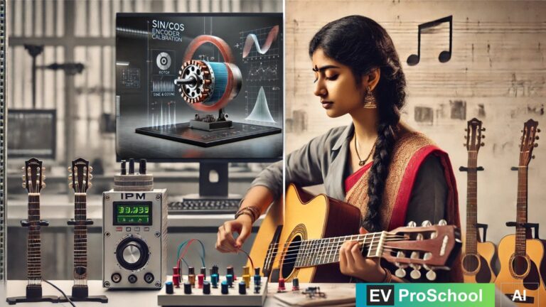 Split feature image showing a North Indian female calibrating an IPM motor and an Indian person tuning a guitar, symbolizing the similarity between motor calibration and guitar tuning