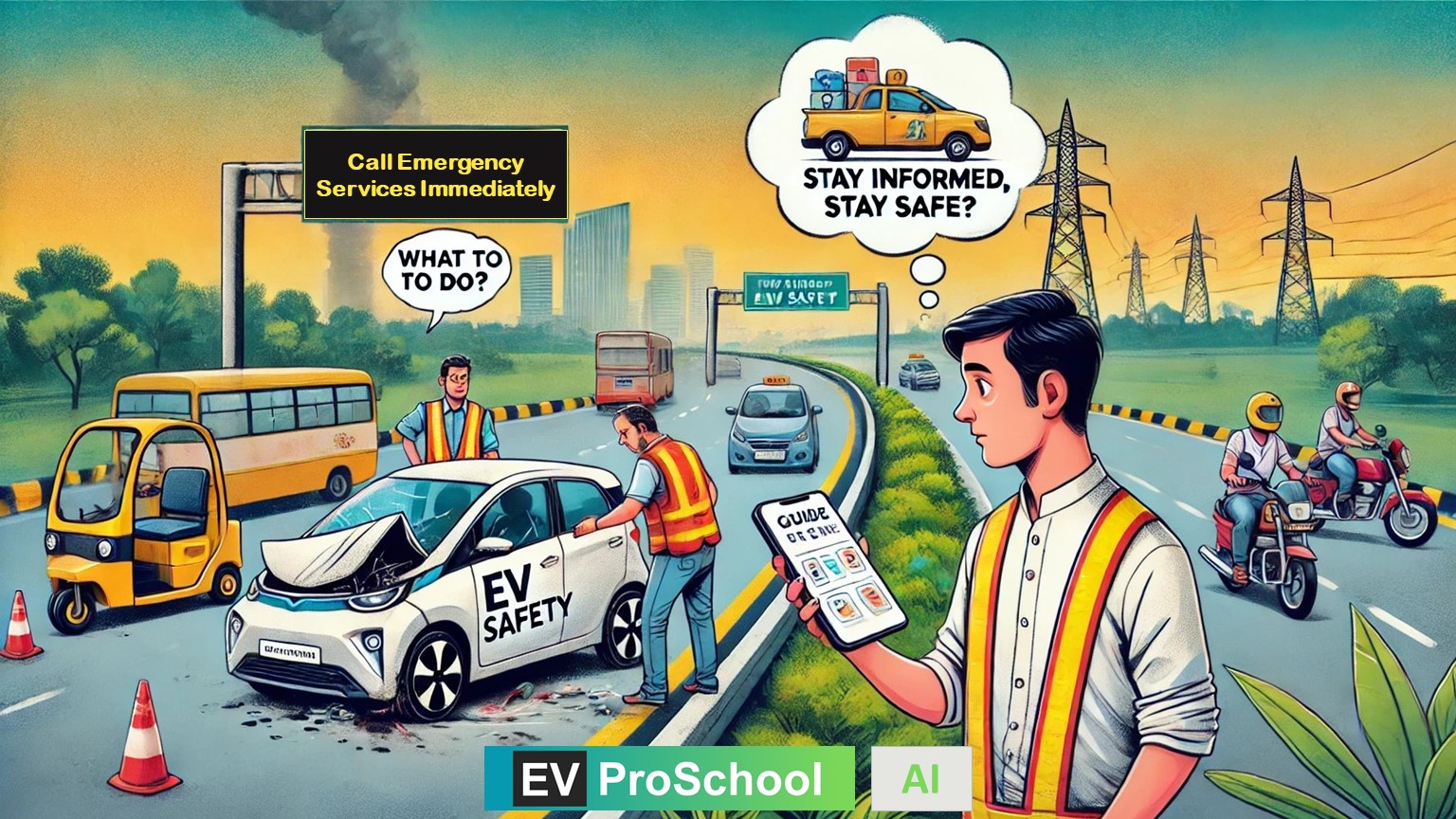 A representation of confusion and the importance of pre-informed knowledge for handling EV accidents safely, emphasizing quick action and access to resources.