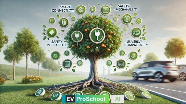 A tree illustration symbolizing the robust features of EV charging systems, with roots representing EV chargers and fruits labeled as key advantages like Smart Connectivity, Safety, Durability, Compatibility, and Scalability.