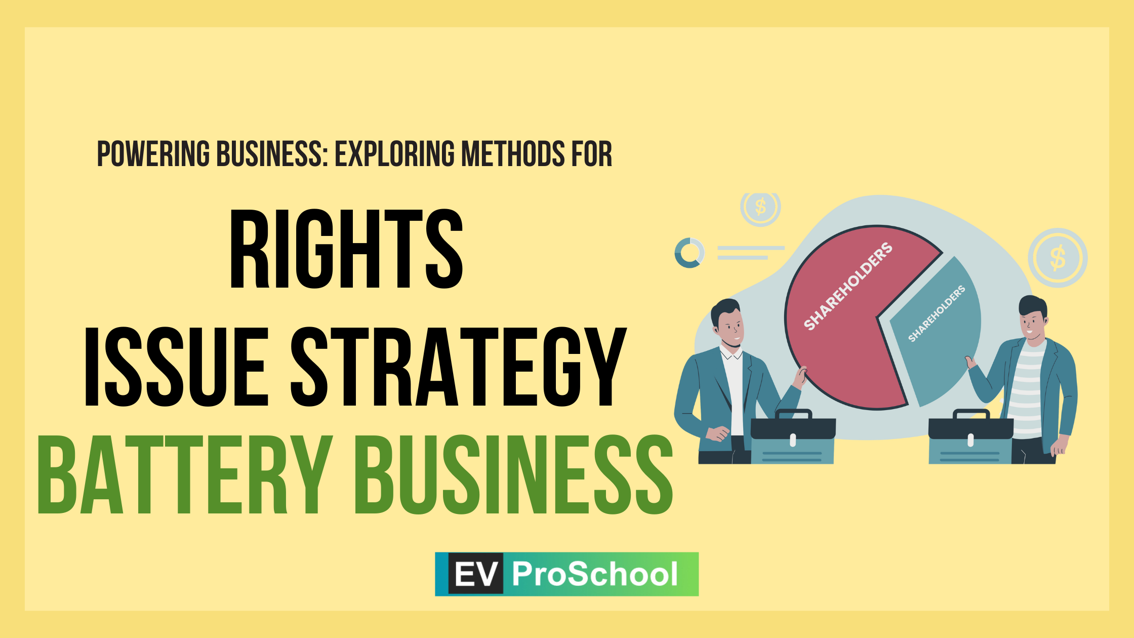 A dynamic representation of a Rights Issues in the electric vehicle battery business, showcasing EV batteries, stock certificates, and a growth chart.