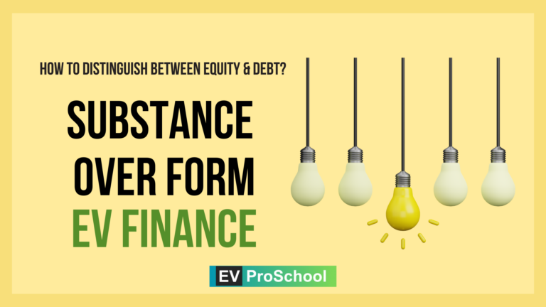 Debt and equity financing in the electric vehicle industry, featuring elements like Substance Over Form, bank symbols, bond certificates, stock shares, and electric cars.